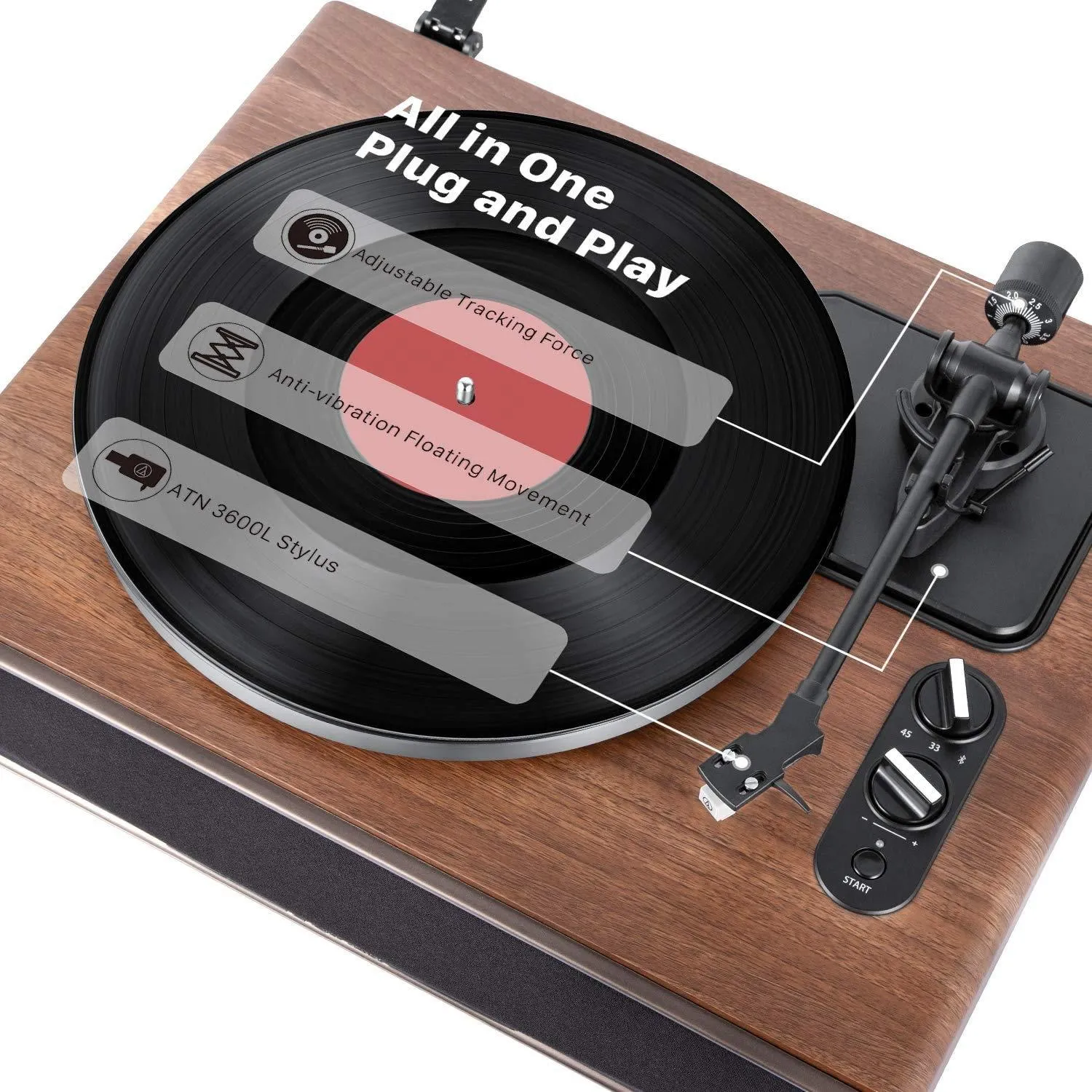 1 BY ONE High Fidelity Belt Drive Record Player with Built-in Speakers.