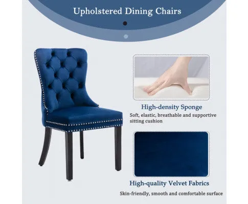 2x Velvet Dining Chairs Upholstered Tufted Kithcen Chair with Solid Wood Legs Stud Trim and Ring-Blue