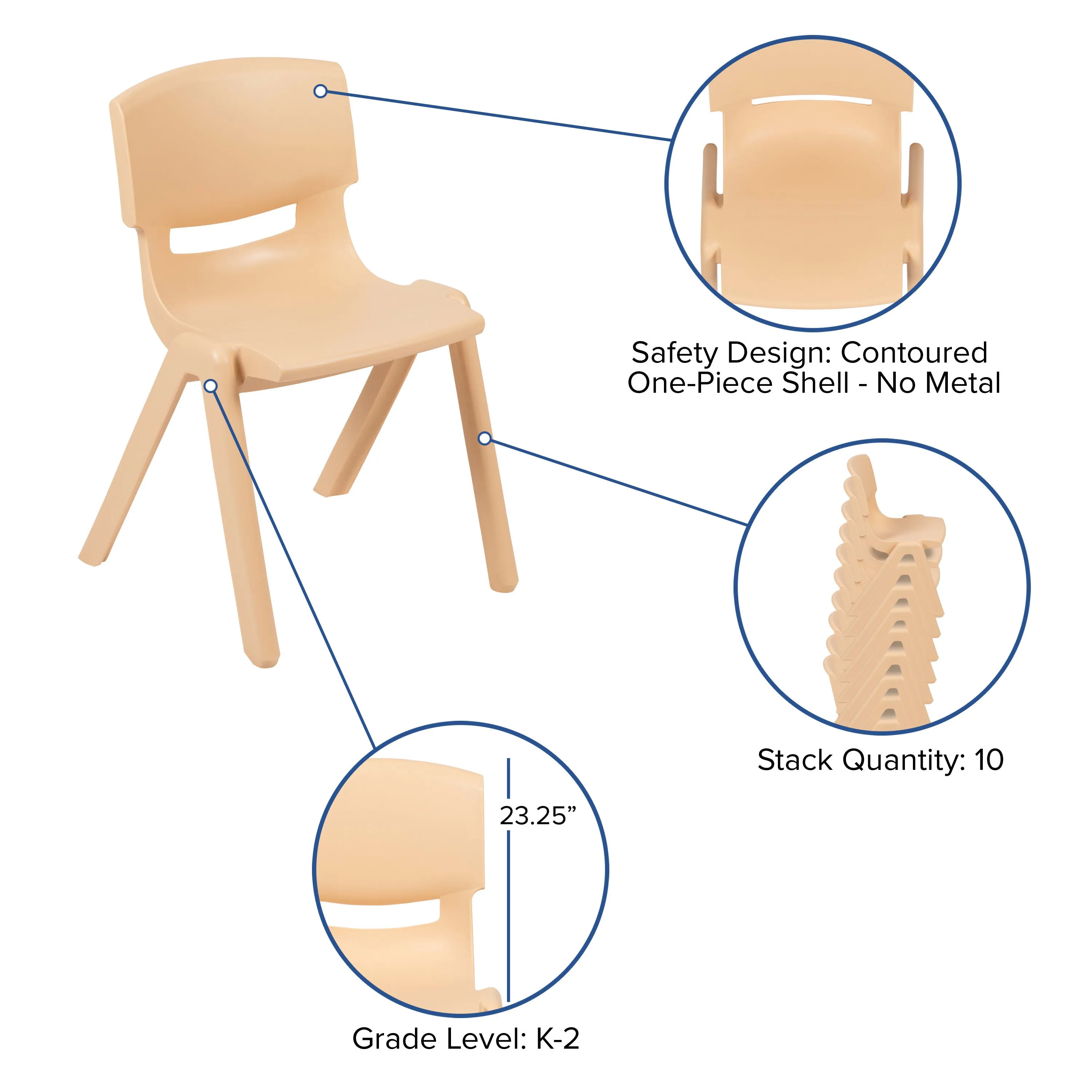 4 Pack Plastic Stackable School Chairs with 13.25" Seat Height