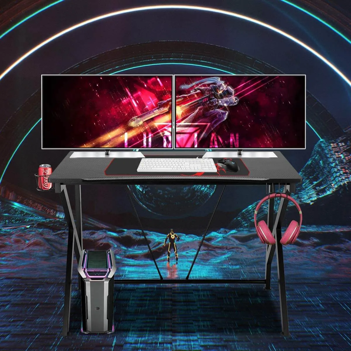 42.5" Gaming Desk K-Shape Gaming Table Home Computer Desk with Cup Holder and Headphone Hook Gamer Workstation Game Table, Red