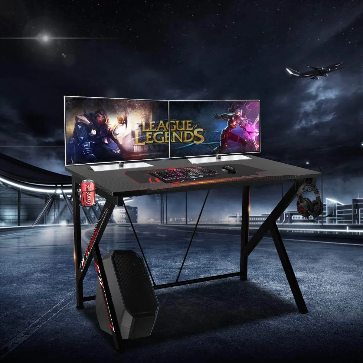 42.5" Gaming Desk K-Shape Gaming Table Home Computer Desk with Cup Holder and Headphone Hook Gamer Workstation Game Table, Red