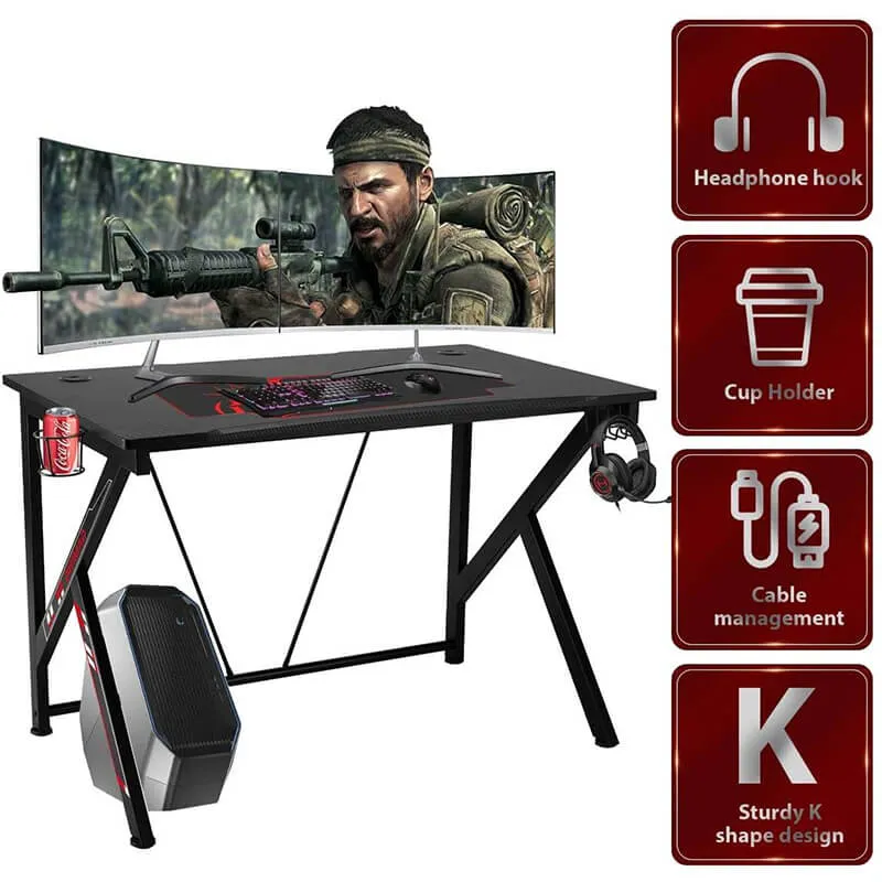 42.5" Gaming Desk K-Shape Gaming Table Home Computer Desk with Cup Holder and Headphone Hook Gamer Workstation Game Table, Red