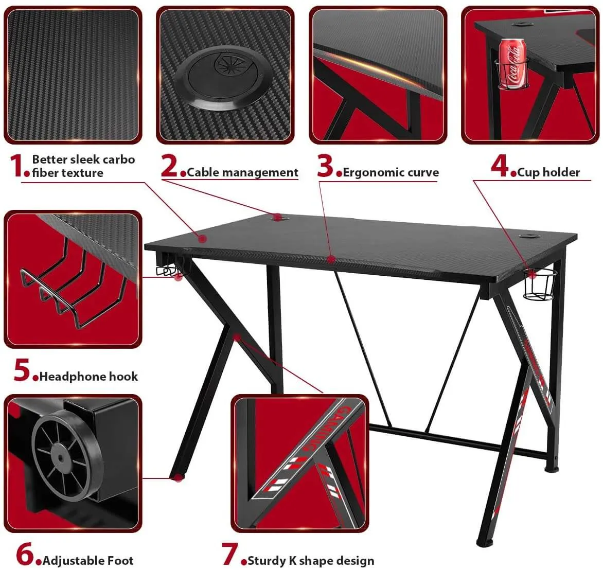 42.5" Gaming Desk K-Shape Gaming Table Home Computer Desk with Cup Holder and Headphone Hook Gamer Workstation Game Table, Red