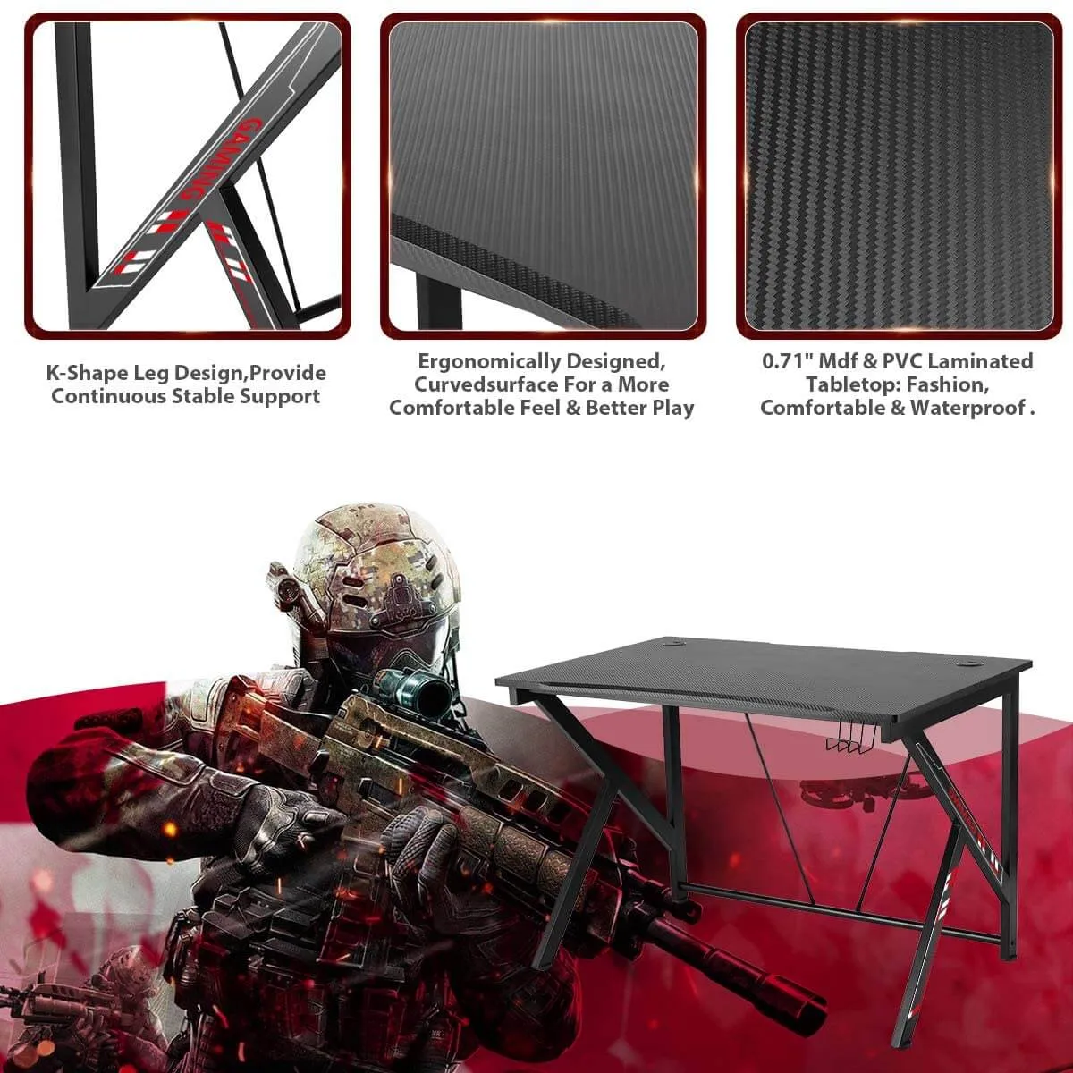 42.5" Gaming Desk K-Shape Gaming Table Home Computer Desk with Cup Holder and Headphone Hook Gamer Workstation Game Table, Red