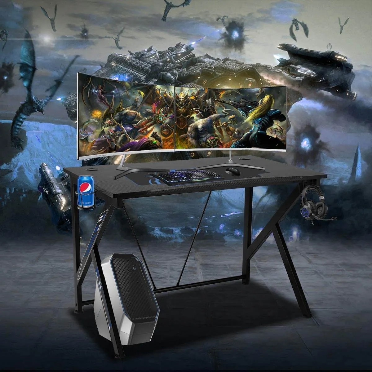 42.5" Gaming Desk K-Shape Gaming Table Home Computer Desk with Cup Holder and Headphone Hook Gamer Workstation Game Table