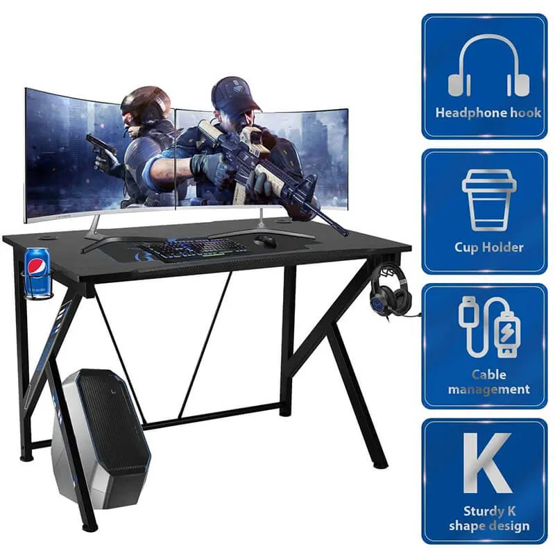 42.5" Gaming Desk K-Shape Gaming Table Home Computer Desk with Cup Holder and Headphone Hook Gamer Workstation Game Table