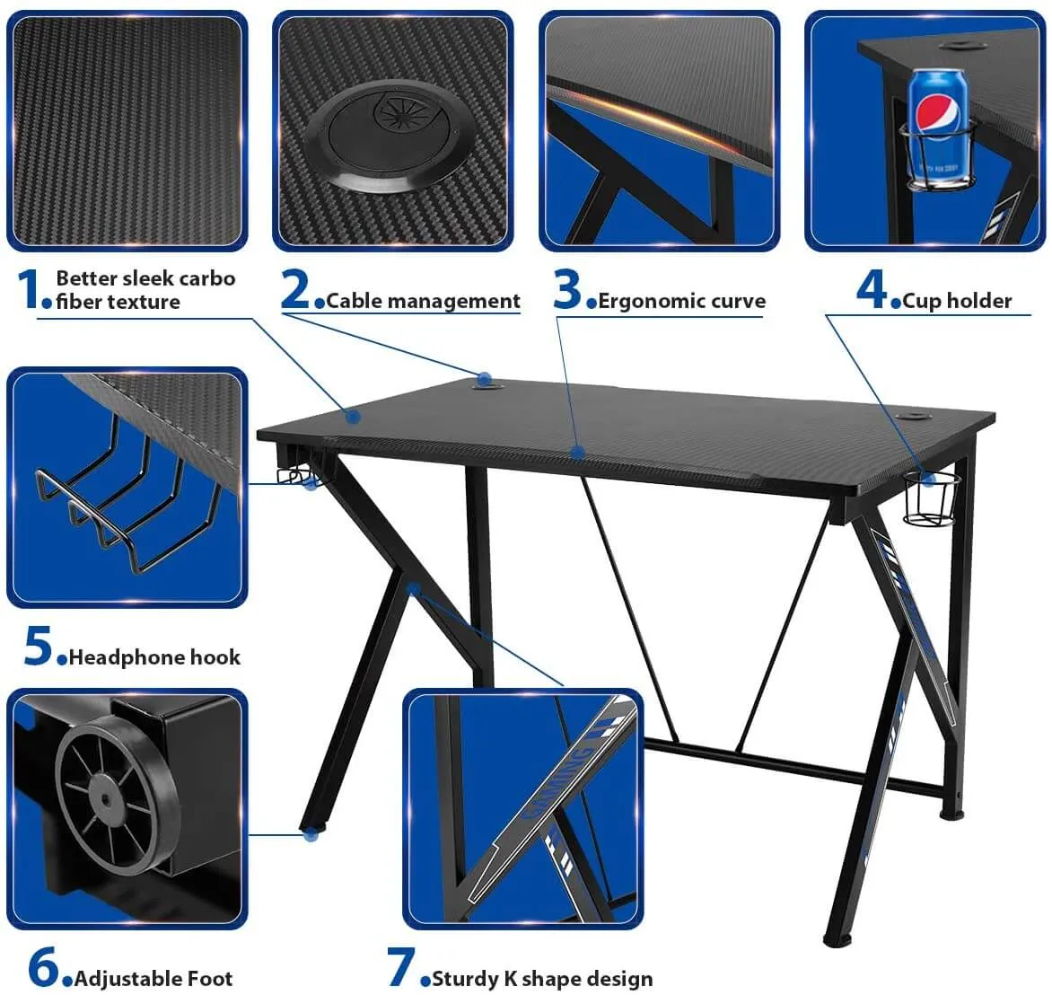 42.5" Gaming Desk K-Shape Gaming Table Home Computer Desk with Cup Holder and Headphone Hook Gamer Workstation Game Table