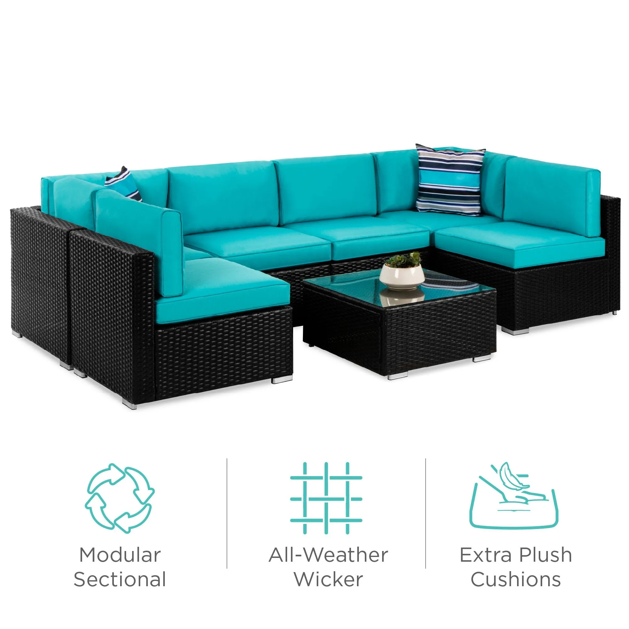 7-Piece Modular Wicker Sectional Conversation Set w/ 2 Pillows, Cover