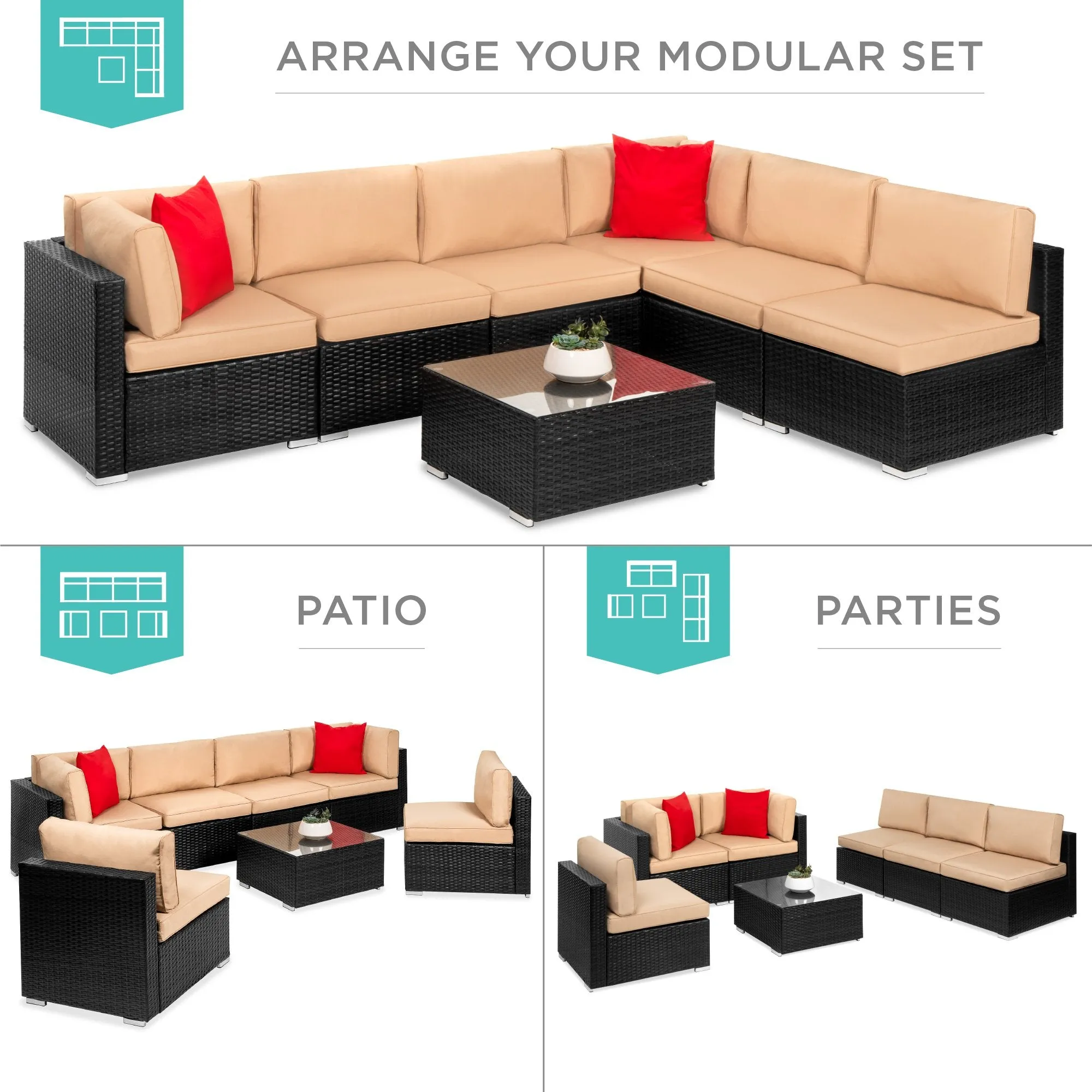 7-Piece Modular Wicker Sectional Conversation Set w/ 2 Pillows, Cover