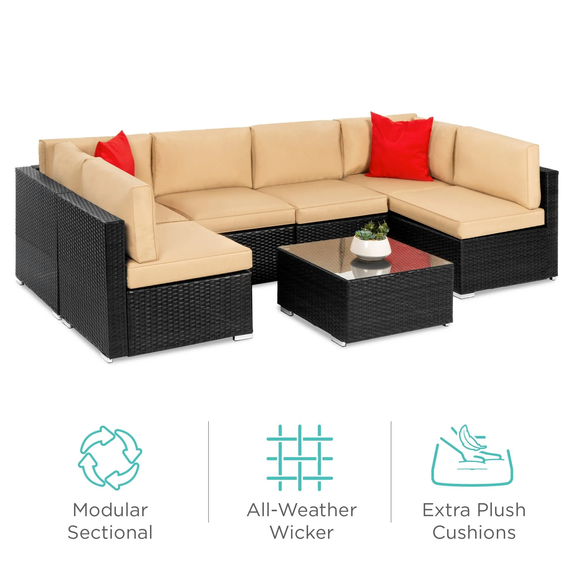 7-Piece Modular Wicker Sectional Conversation Set w/ 2 Pillows, Cover