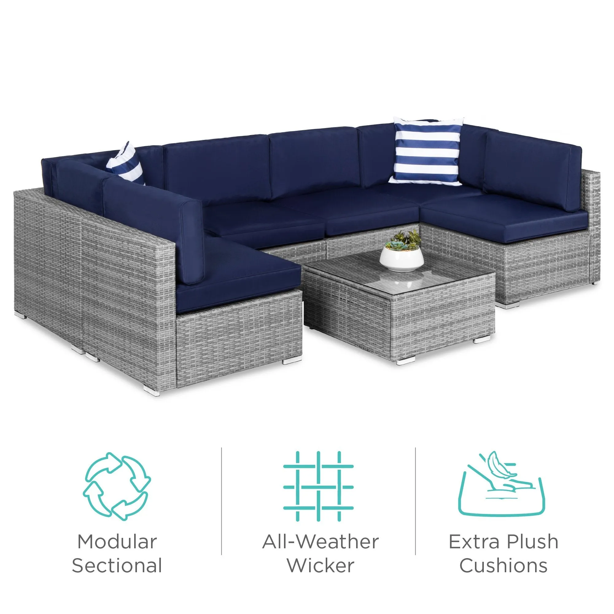 7-Piece Modular Wicker Sectional Conversation Set w/ 2 Pillows, Cover