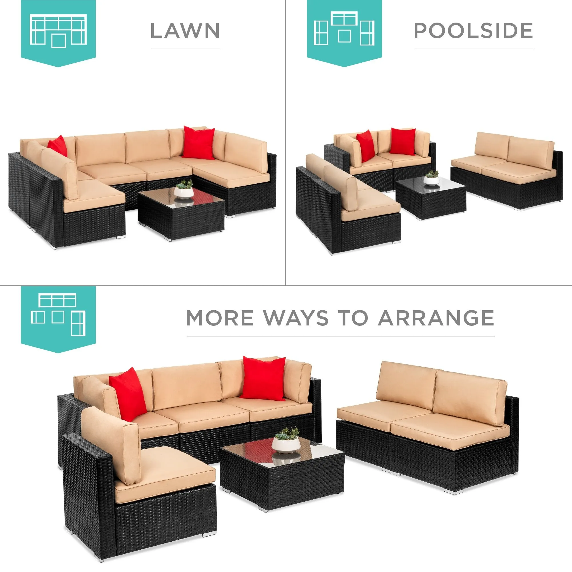 7-Piece Modular Wicker Sectional Conversation Set w/ 2 Pillows, Cover