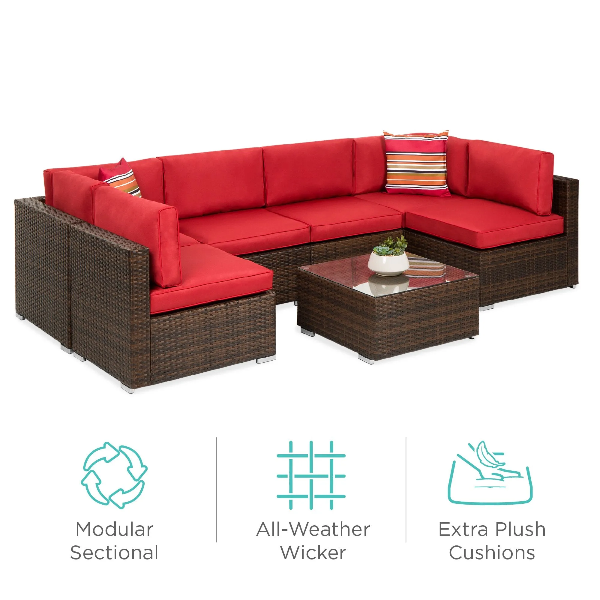 7-Piece Modular Wicker Sectional Conversation Set w/ 2 Pillows, Cover