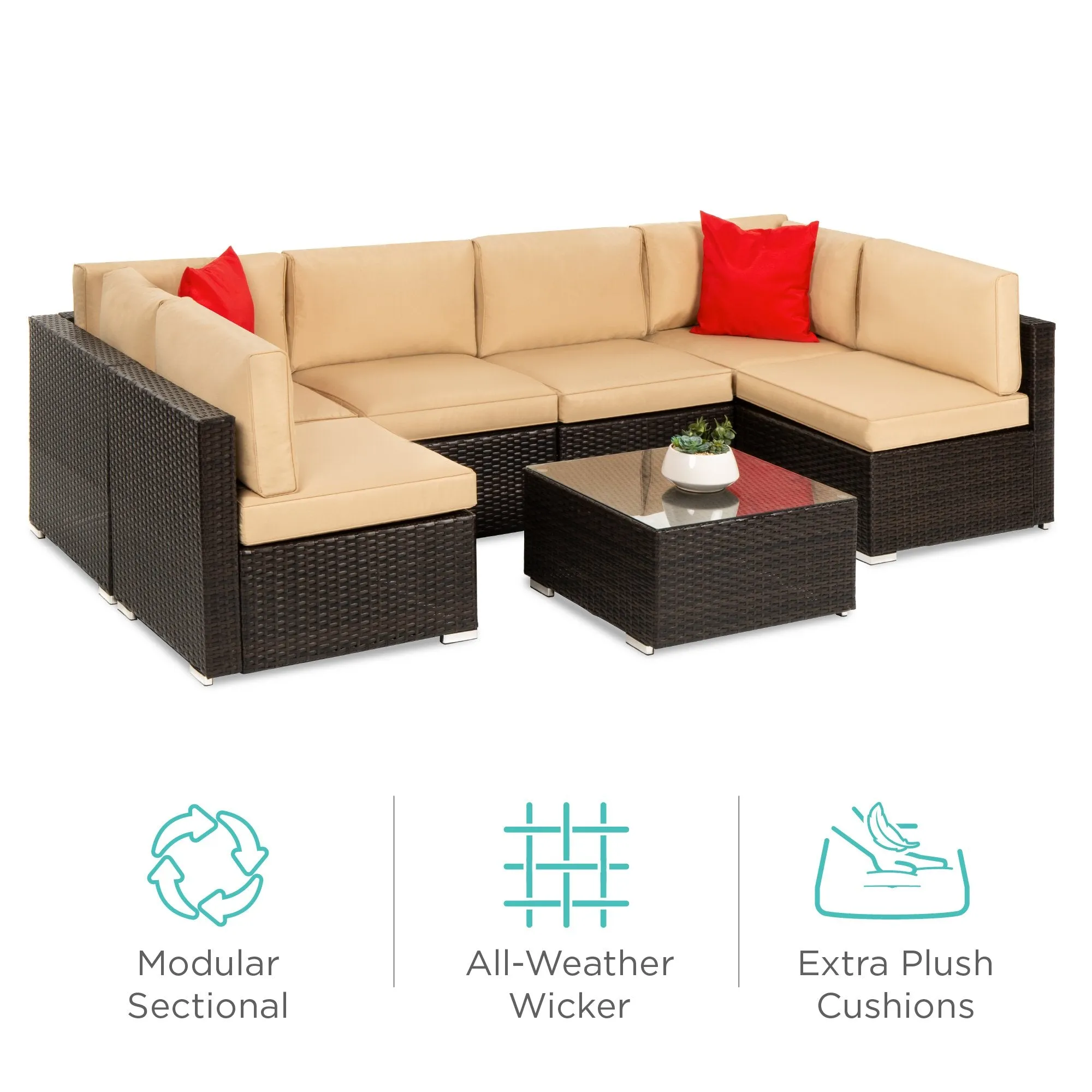 7-Piece Modular Wicker Sectional Conversation Set w/ 2 Pillows, Cover