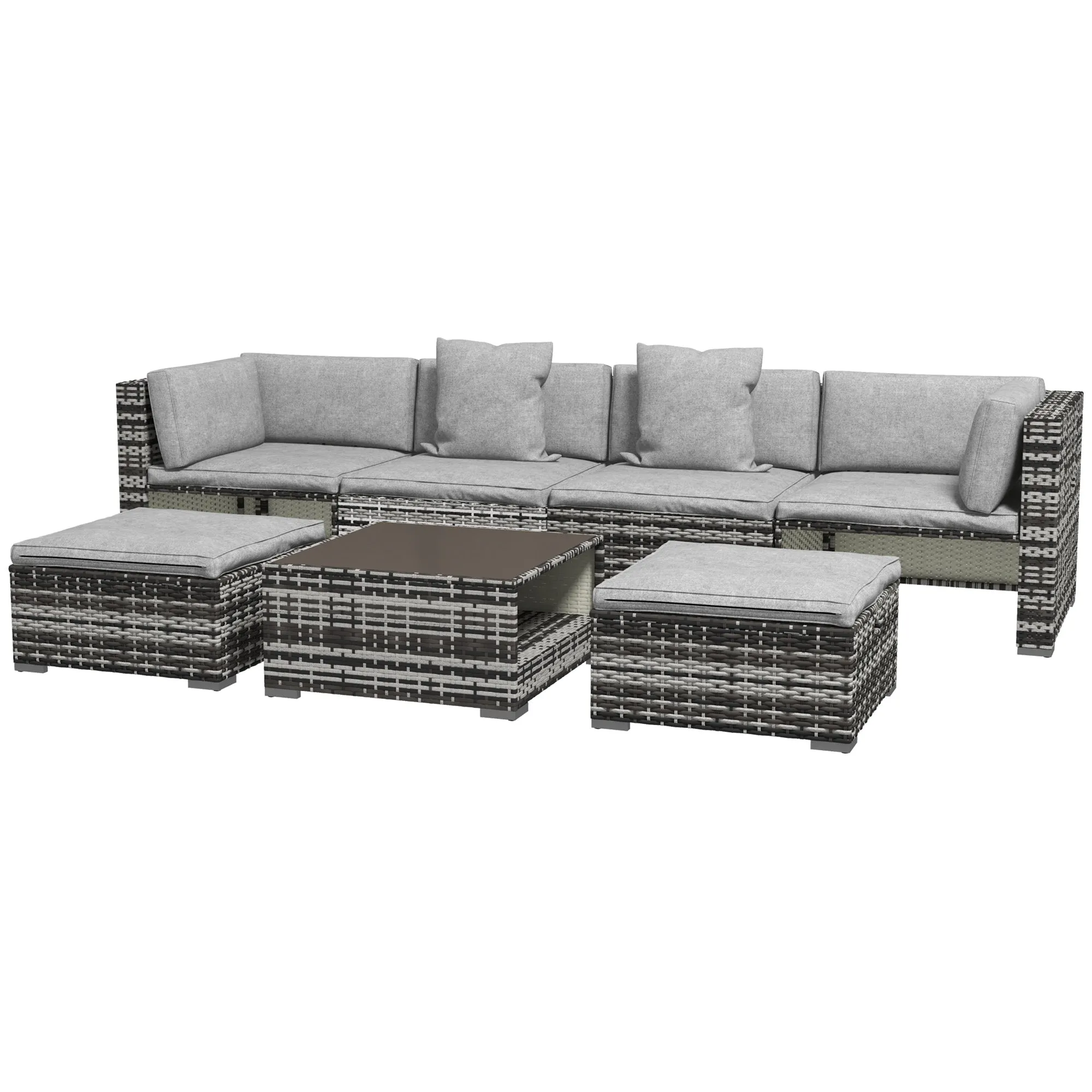 7-Piece Rattan Patio Furniture Set with Sofa, Footstools, Coffee Table, Side Shelves, Cushions, Pillows, Mixed Grey