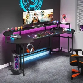 75" Gaming Desk Computer Desk with LED Strip & Monitor Shelf