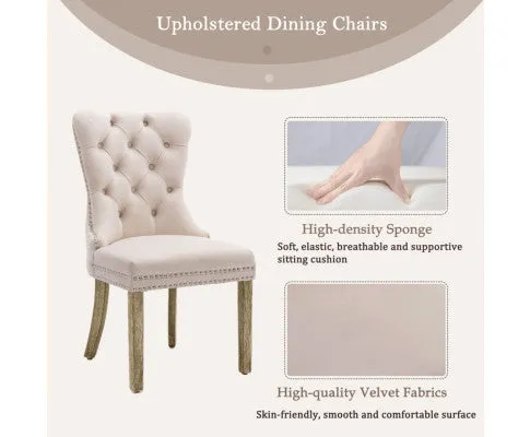 8x Velvet Dining Chairs Upholstered Tufted Kithcen Chair with Solid Wood Legs Stud Trim and Ring-Beige