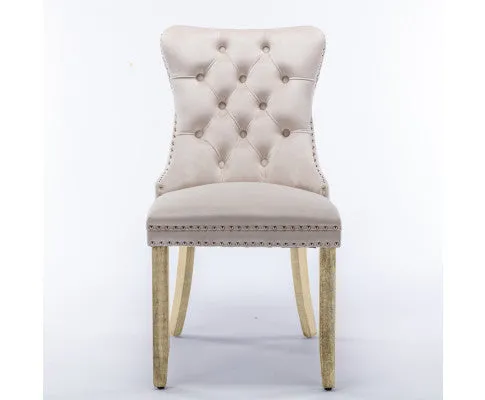 8x Velvet Dining Chairs Upholstered Tufted Kithcen Chair with Solid Wood Legs Stud Trim and Ring-Beige