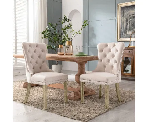 8x Velvet Dining Chairs Upholstered Tufted Kithcen Chair with Solid Wood Legs Stud Trim and Ring-Beige