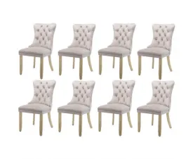 8x Velvet Dining Chairs Upholstered Tufted Kithcen Chair with Solid Wood Legs Stud Trim and Ring-Beige