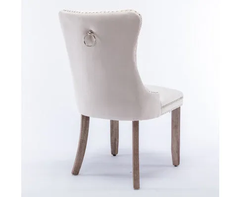 8x Velvet Dining Chairs Upholstered Tufted Kithcen Chair with Solid Wood Legs Stud Trim and Ring-Beige