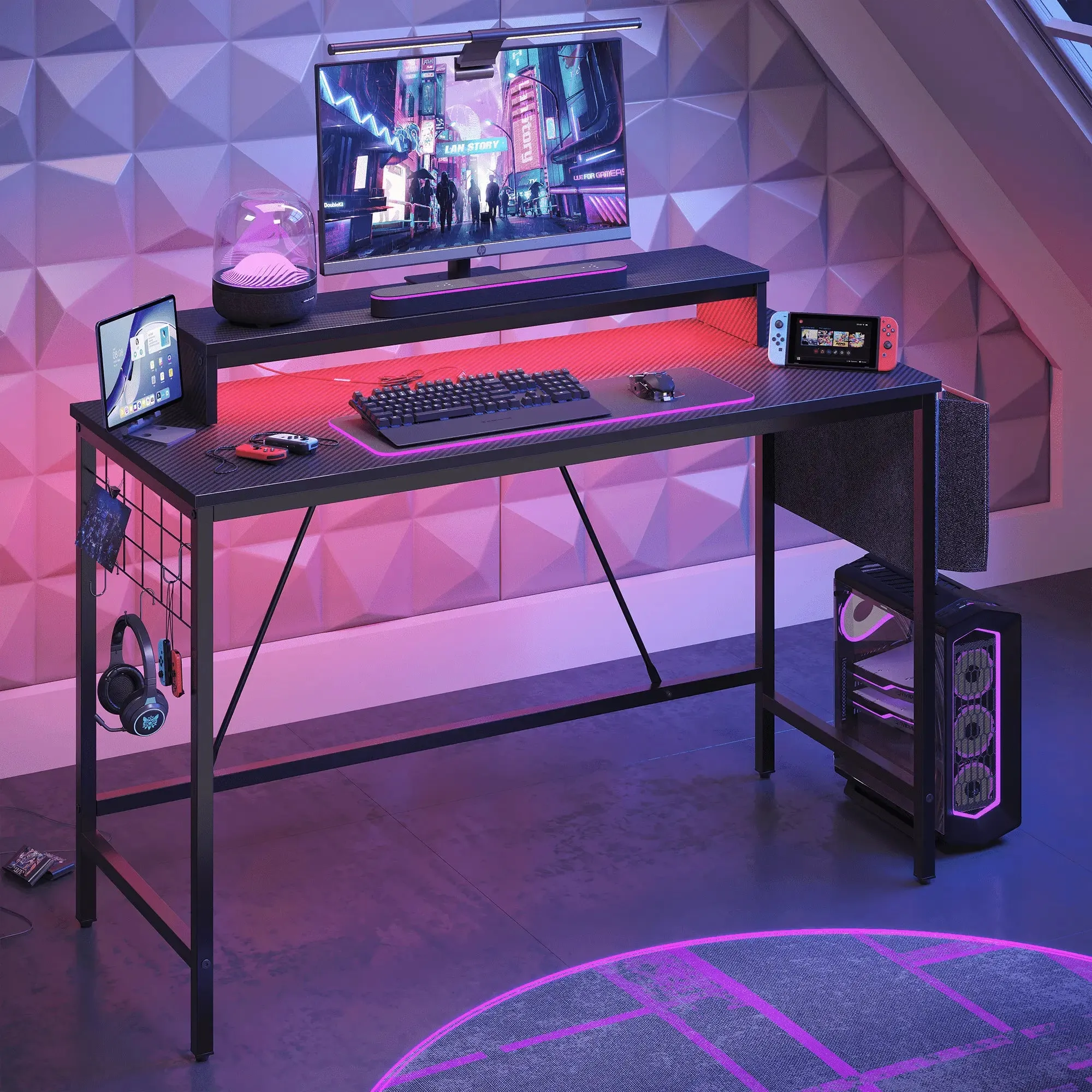 Bestier 41.7 Inch Gaming Desk with Grid Side Frame & LED Light Computer Desk with Monitor Stand