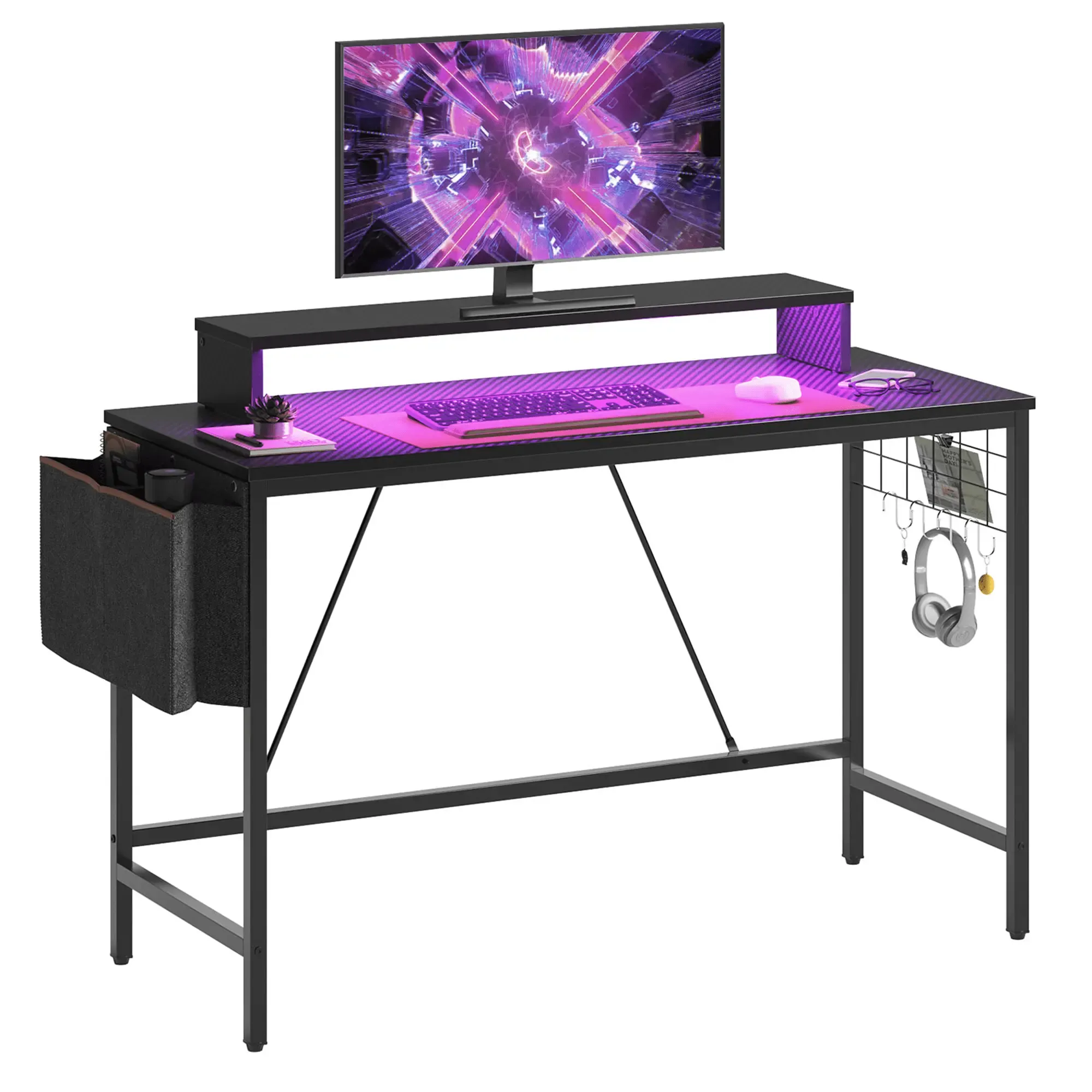 Bestier 41.7 Inch Gaming Desk with Grid Side Frame & LED Light Computer Desk with Monitor Stand