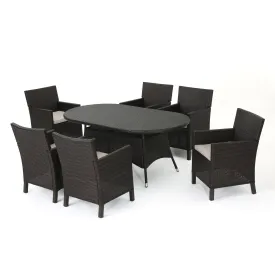 Cyril Outdoor 7 Piece Wicker Round Dining Set with Water Resistant Cushions