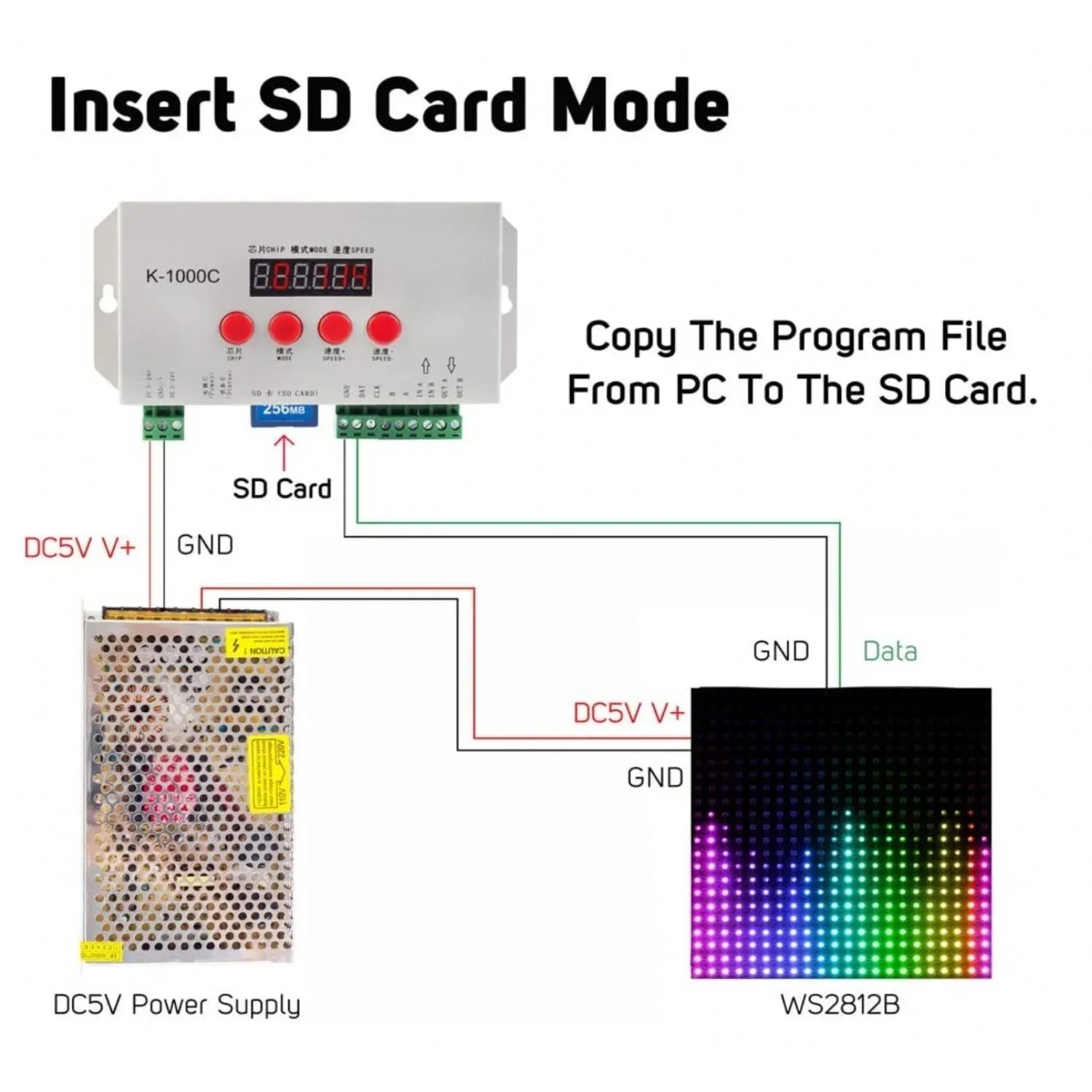 Digital RGB Pixel Controller K-1000C (T-1000S Updated) WS2812B WS2815 SK6812 WS2811 WS2801 LED Strip LED Matrix LED String 1536 Pixels Controller DC5-24V Addressable Programmable Controller with SD Card