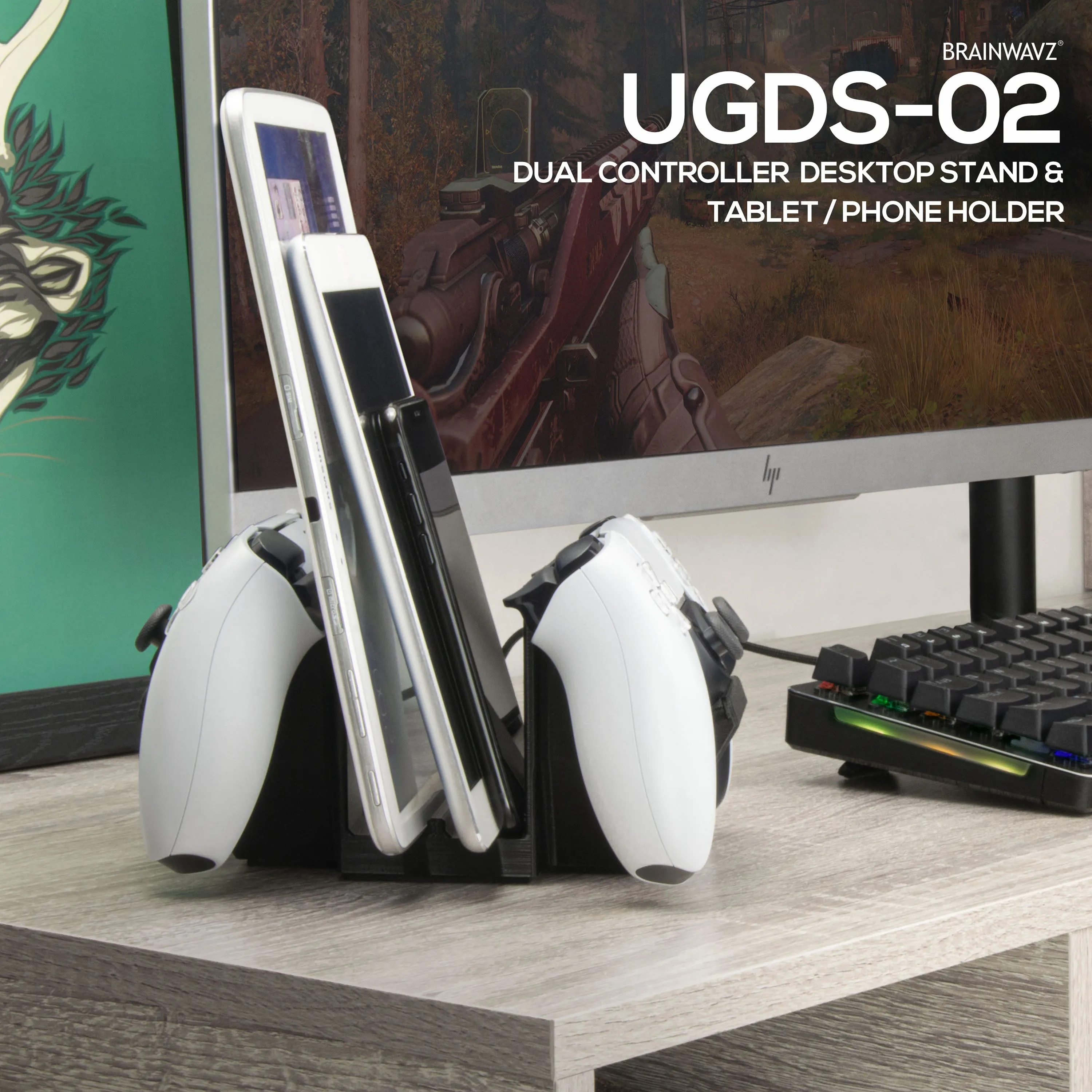 Dual Game Controller & Tablet Phone Desktop Holder - Universal Design for most Gamepads & Tablet, Reduce Clutter & Stay Organized