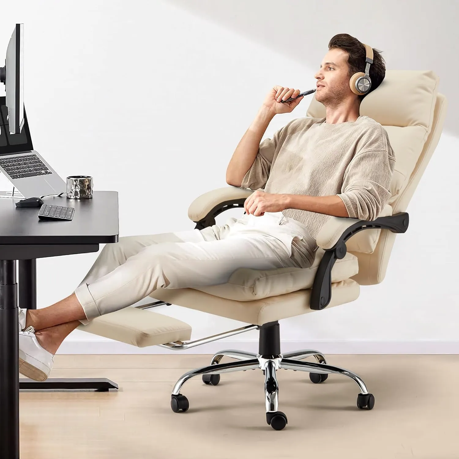 Homrest Reclining Executive Office Chair with Heat, Massage and Footrest, Beige