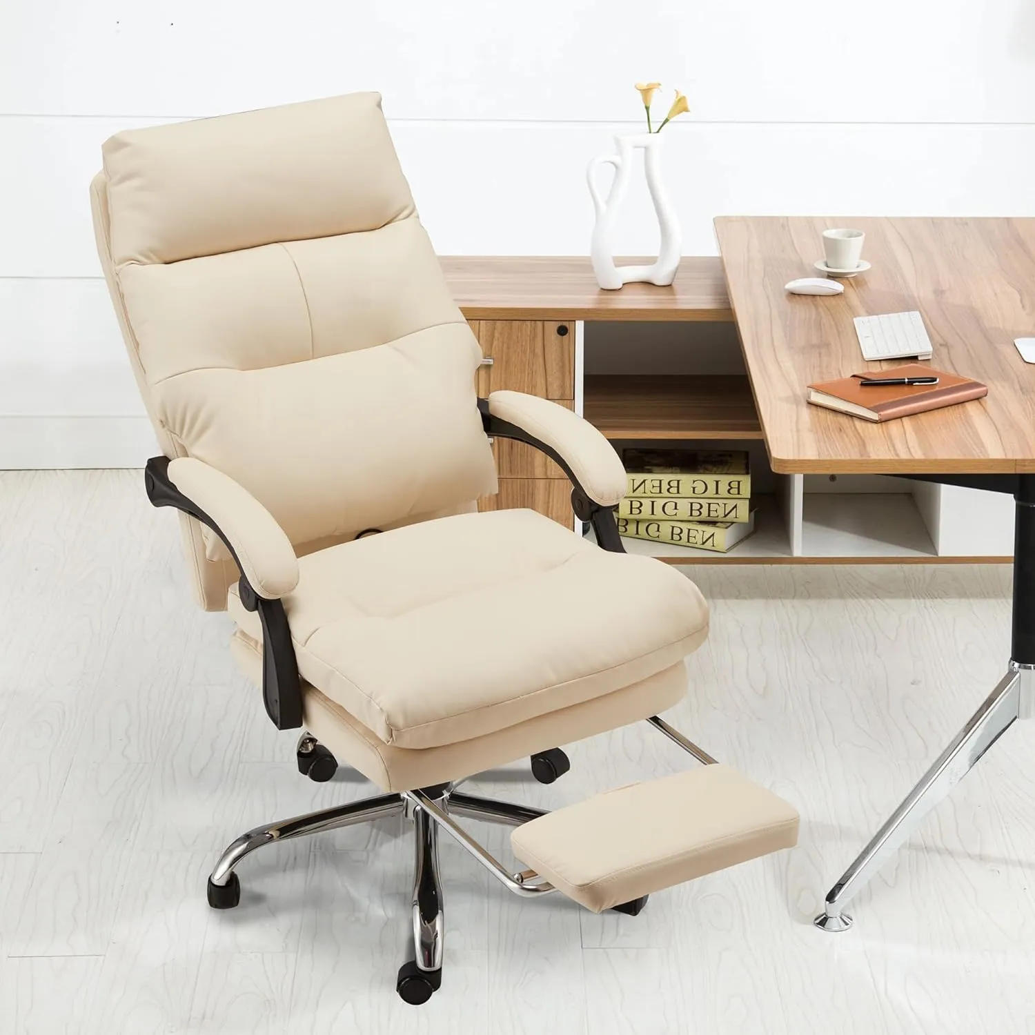 Homrest Reclining Executive Office Chair with Heat, Massage and Footrest, Beige