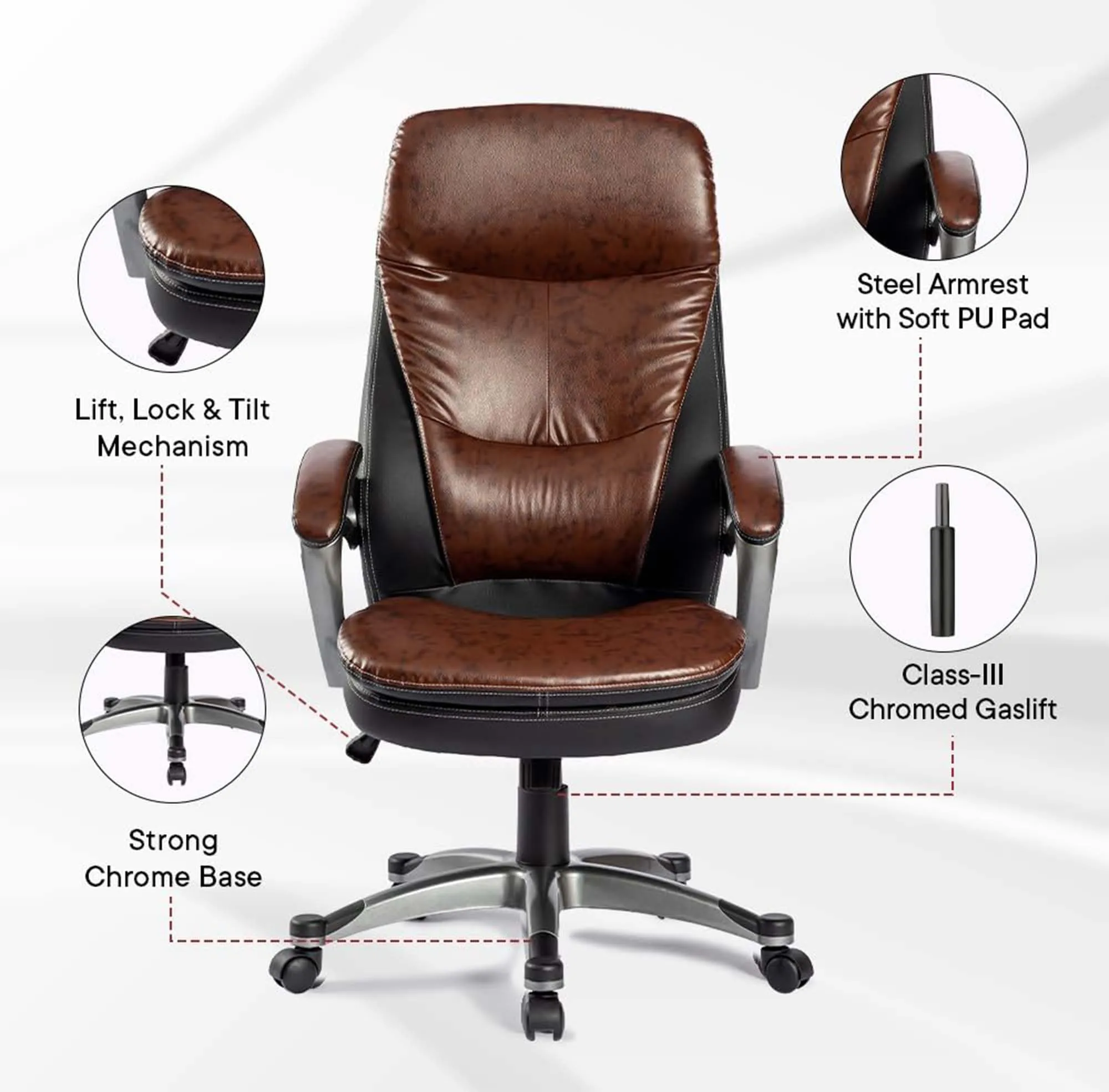 Kuber Industries Leather Office Chairs for Work From Home | Comes with Manual Height Adjustable, Armrest, Headrest & Lumbar Support | Comfy Chair for Students with Wheels | Black & Brown | SAVOC113BRN