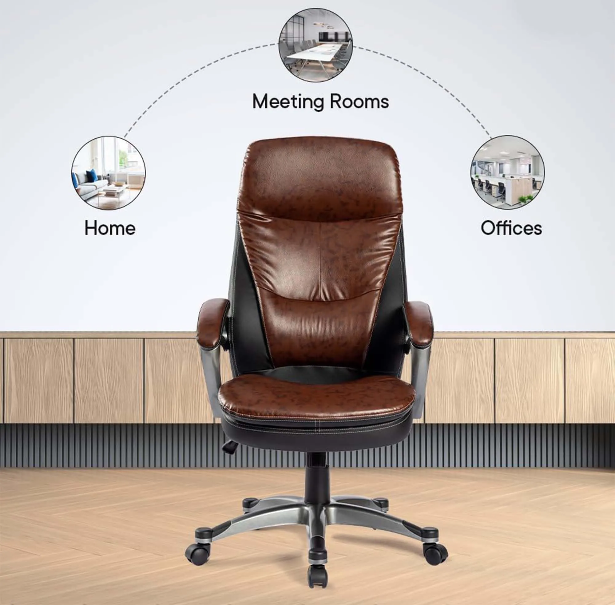 Kuber Industries Leather Office Chairs for Work From Home | Comes with Manual Height Adjustable, Armrest, Headrest & Lumbar Support | Comfy Chair for Students with Wheels | Black & Brown | SAVOC113BRN