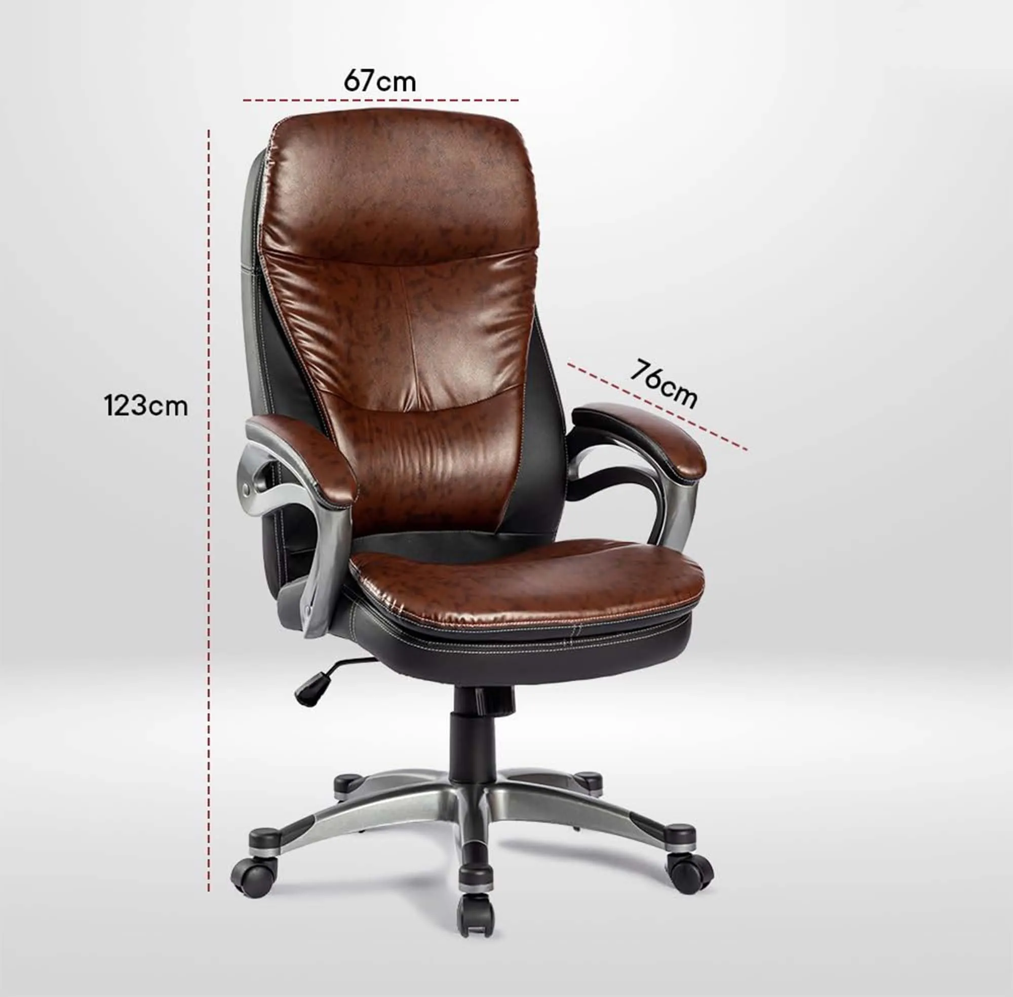 Kuber Industries Leather Office Chairs for Work From Home | Comes with Manual Height Adjustable, Armrest, Headrest & Lumbar Support | Comfy Chair for Students with Wheels | Black & Brown | SAVOC113BRN