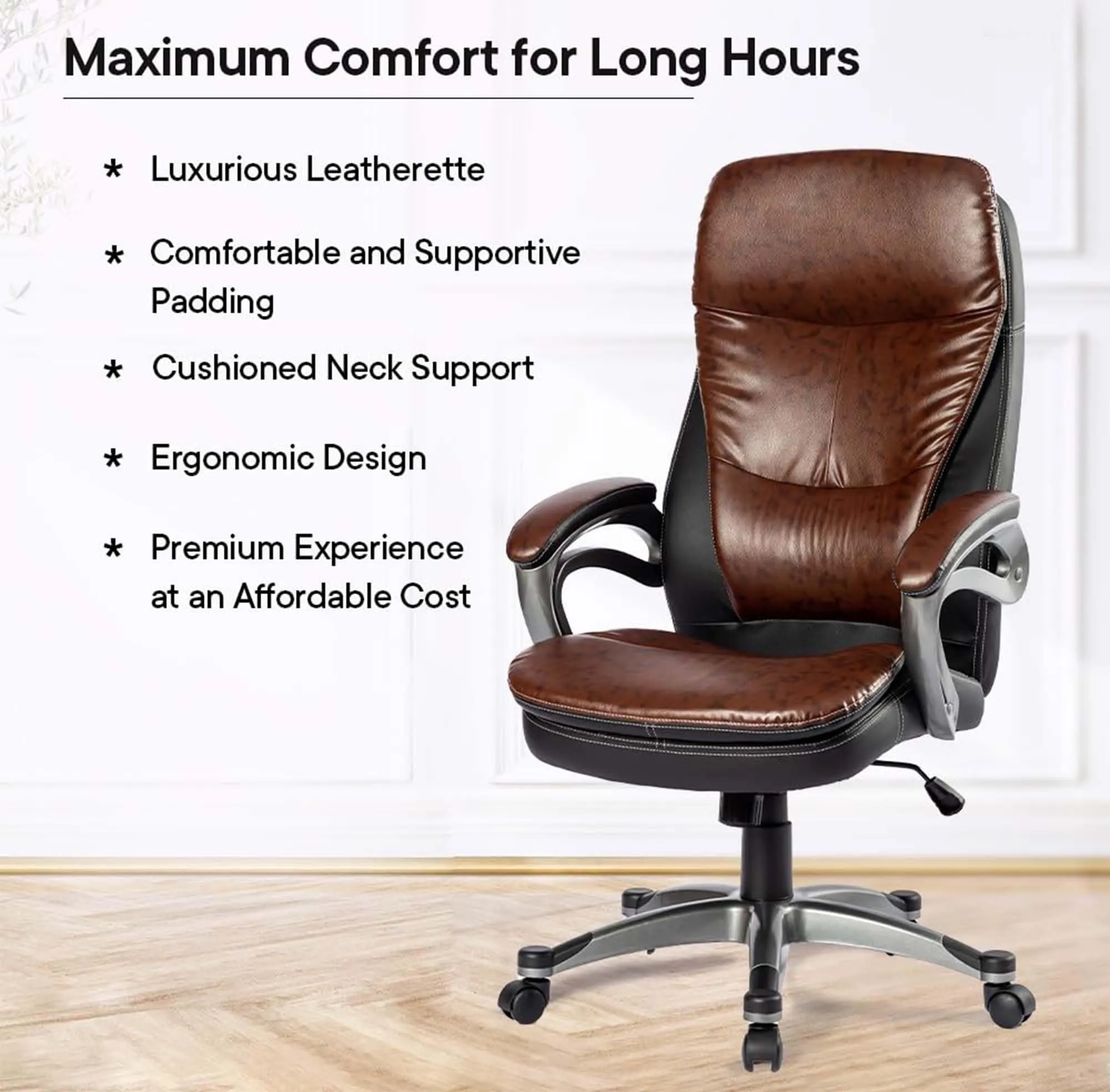 Kuber Industries Leather Office Chairs for Work From Home | Comes with Manual Height Adjustable, Armrest, Headrest & Lumbar Support | Comfy Chair for Students with Wheels | Black & Brown | SAVOC113BRN