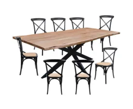 Lantana 9pc 240cm Dining Table 8 Black X-Back Chair Set Live Edge Acacia Wood