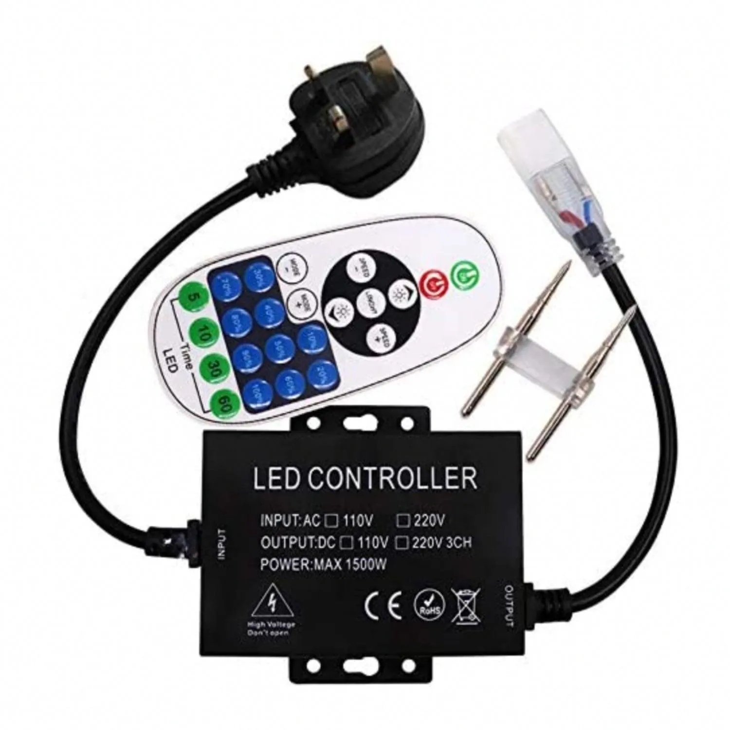 LED Strip Light 220V 240V SMD 5730 180LEDs/m 23-Key RF Remote Control 1500W Dimmer Transformer for Brightness Adjustment