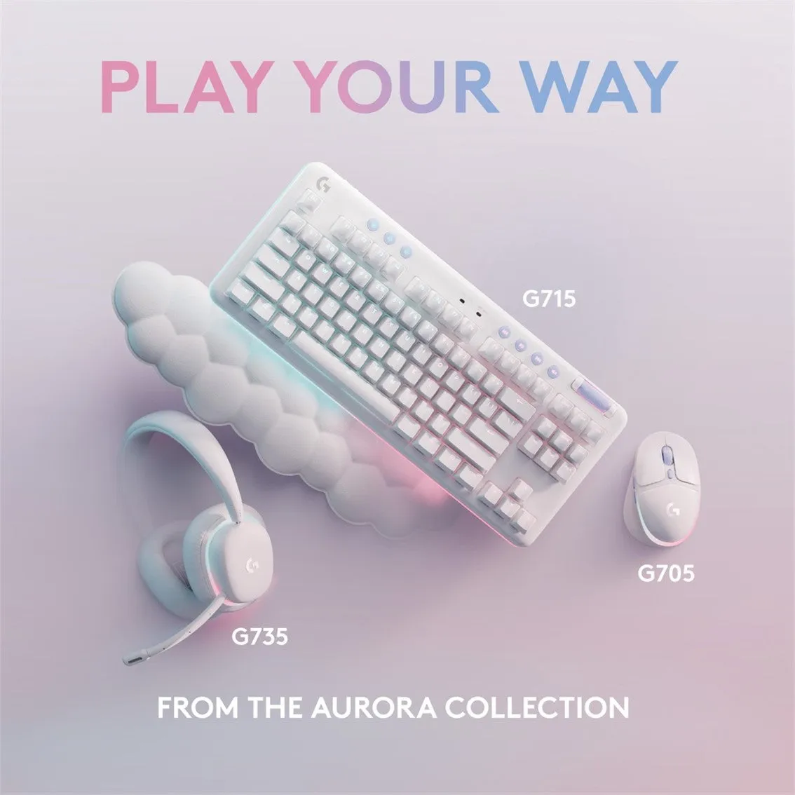 Logitech G715 Wireless Mechanical Gaming Keyboard with LIGHTSYNC RGB Lighting, LIGHTSPEED, PC and Mac Compatible, White Mist - Cloud Shaped Palm Rest | Aurora Collection