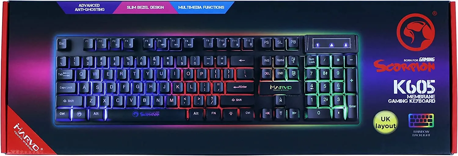 Marvo K605 Gaming Keyboard, 3 Colour LED Backlit, Multi Media and Anti Ghosting Keys, Frameless Design, USB 2.0 Connection