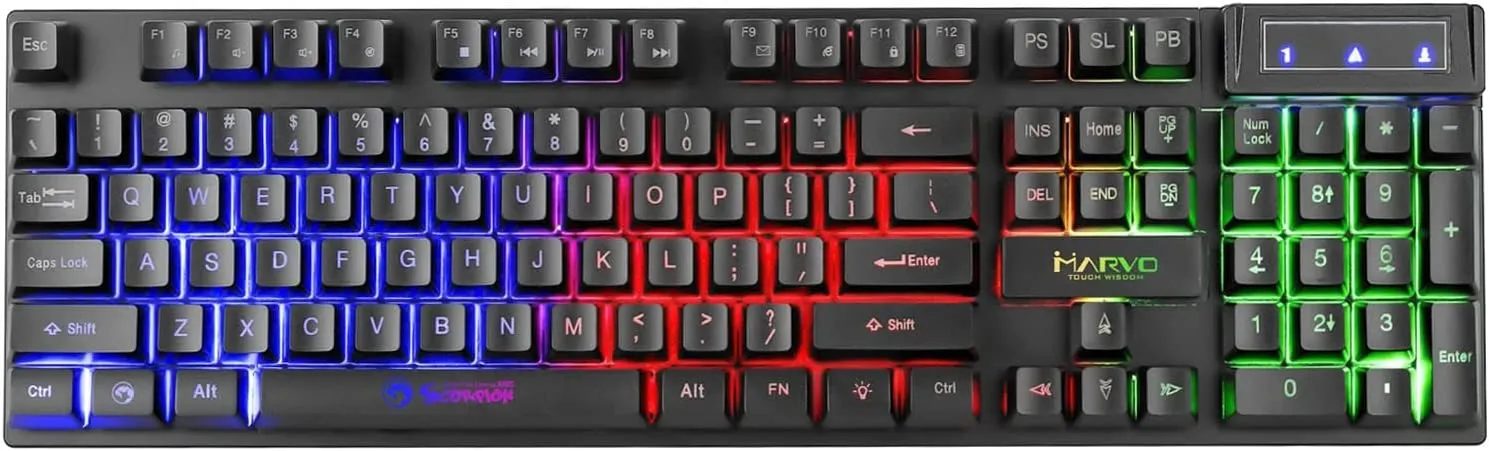 Marvo K605 Gaming Keyboard, 3 Colour LED Backlit, Multi Media and Anti Ghosting Keys, Frameless Design, USB 2.0 Connection