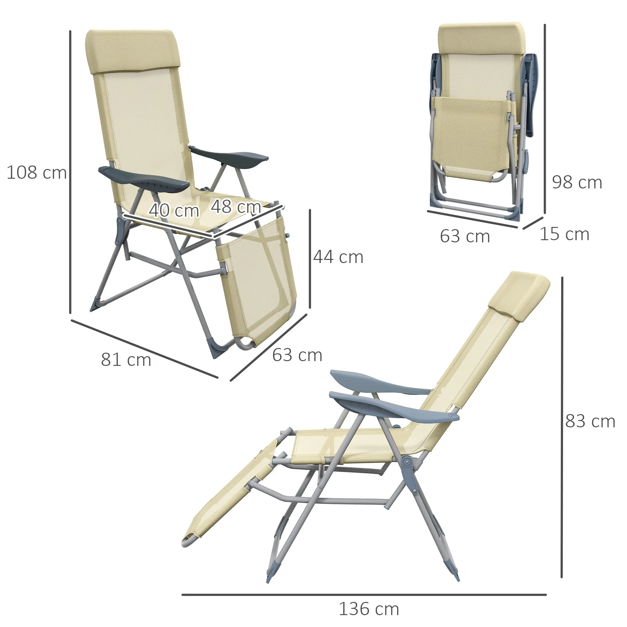 Outdoor Sun Lounger Set of 2, Reclining Garden Chairs w/ Adjustable Footrest, 2 pcs Recliner w/ 5-level Adjustable Backrest, Headrest, Beige