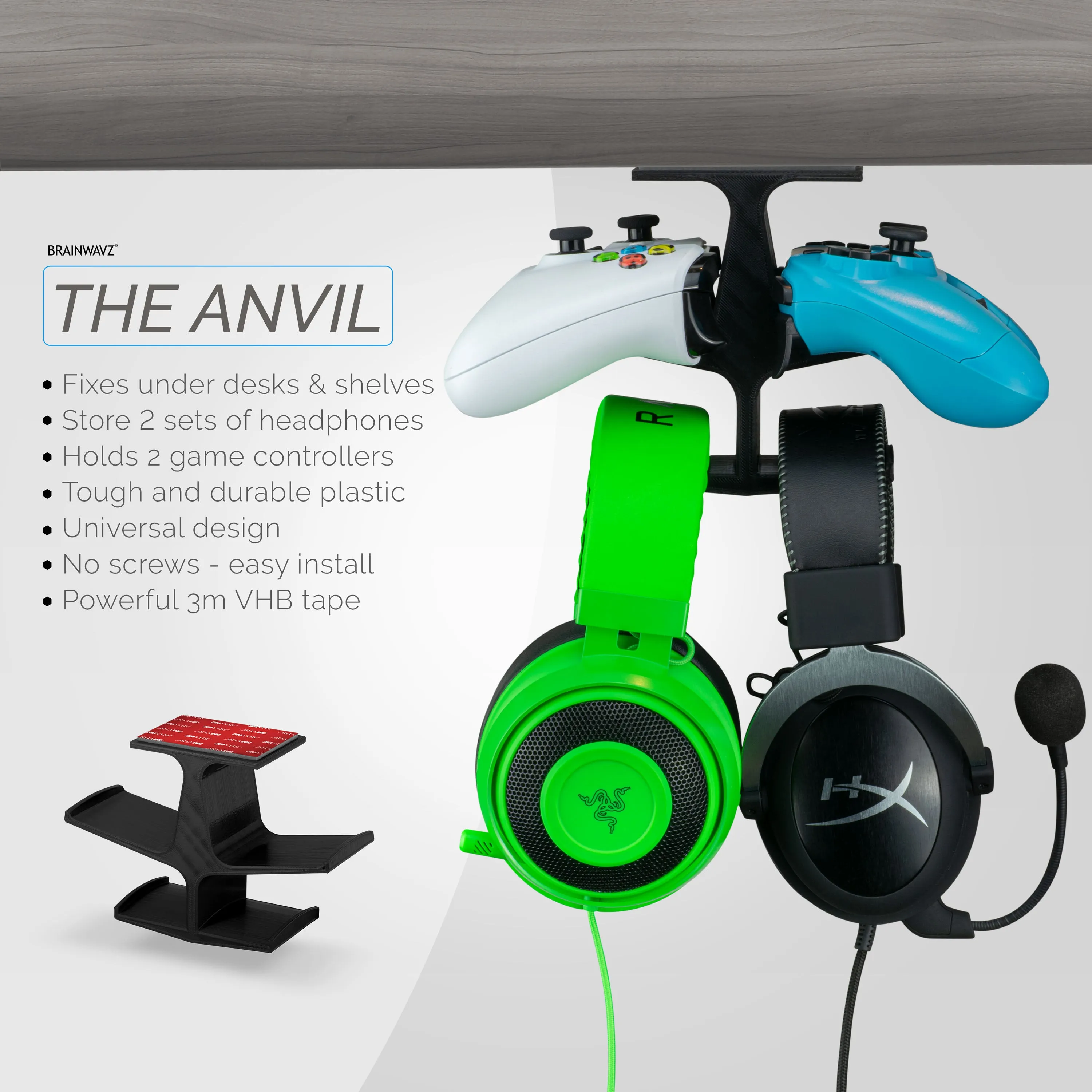 The Anvil - Under Desk Dual Controller & Dual Headphone Hanger - Adhesive Mount, Easy to Install, No Screws