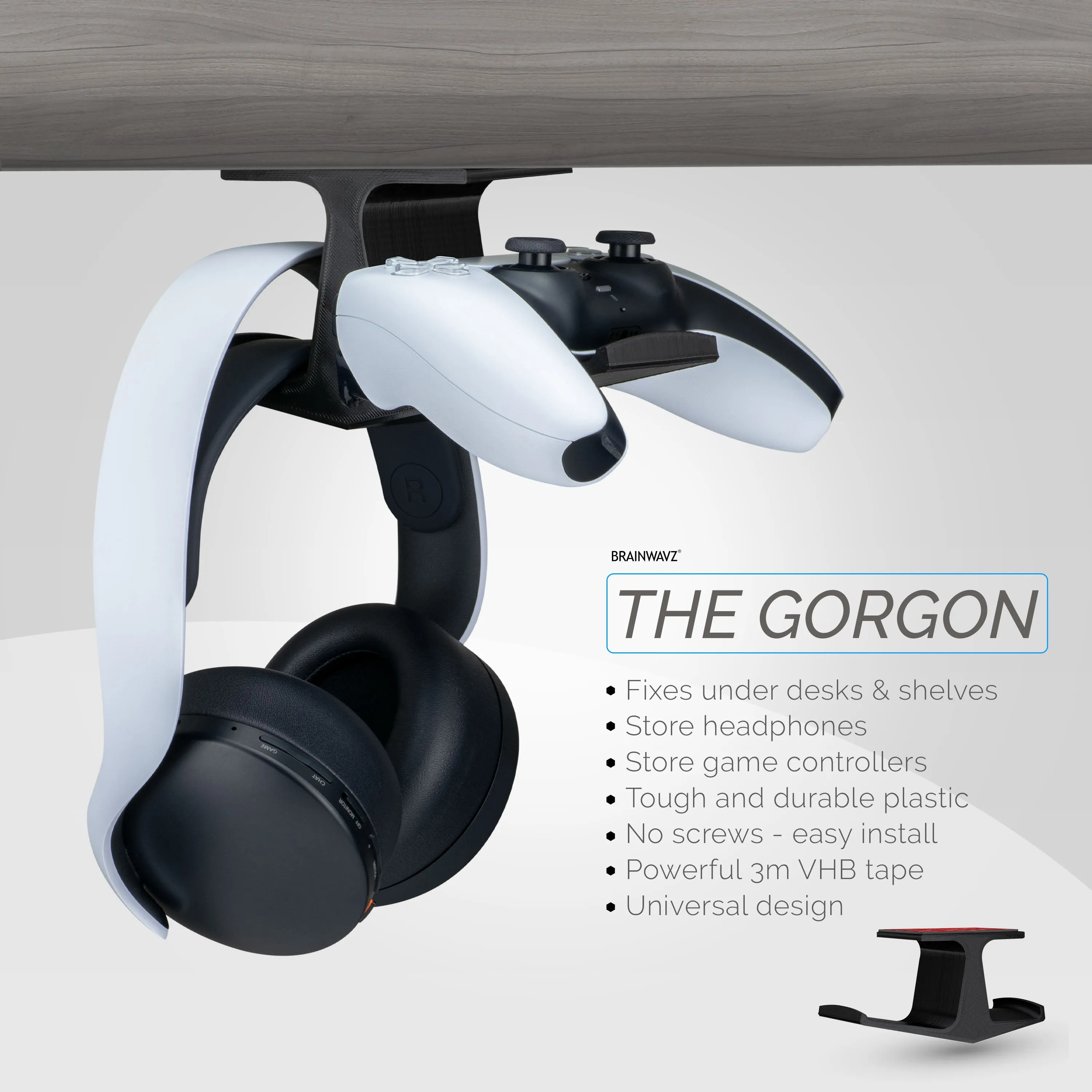 The Gorgon - Under Desk Headphone & Game Controller Hanger Mount - Suitable for Xbox, PS5/PS4, Universal Adhesive Mount, No Screws