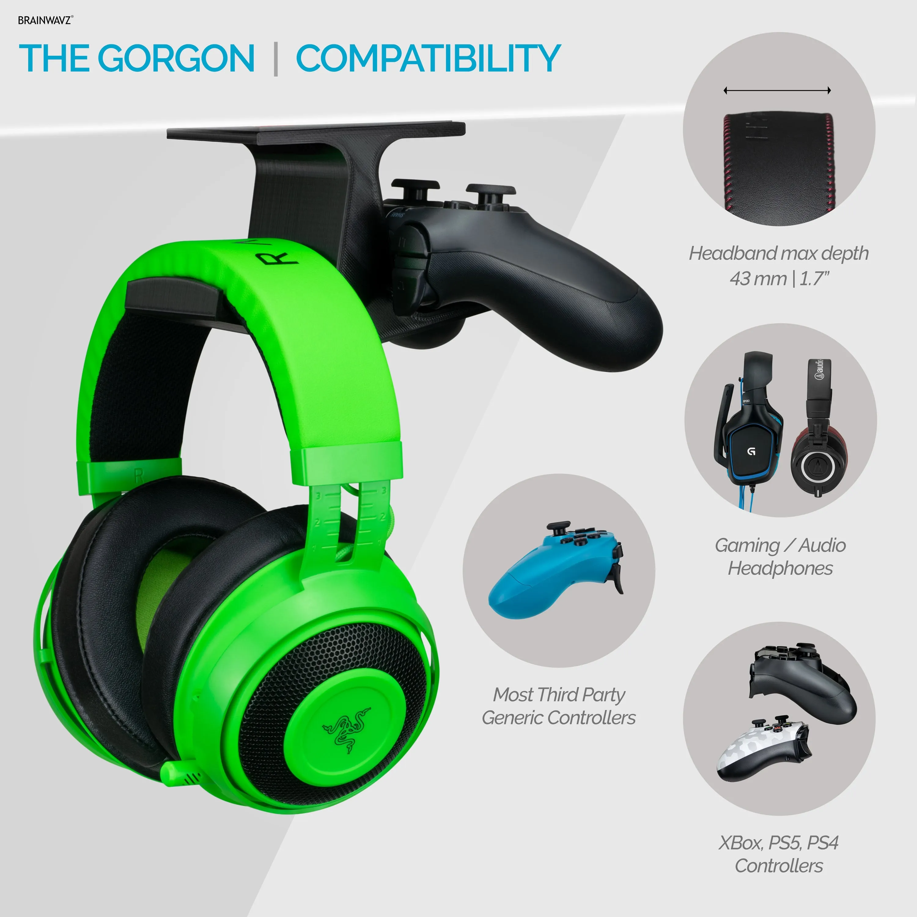 The Gorgon - Under Desk Headphone & Game Controller Hanger Mount - Suitable for Xbox, PS5/PS4, Universal Adhesive Mount, No Screws