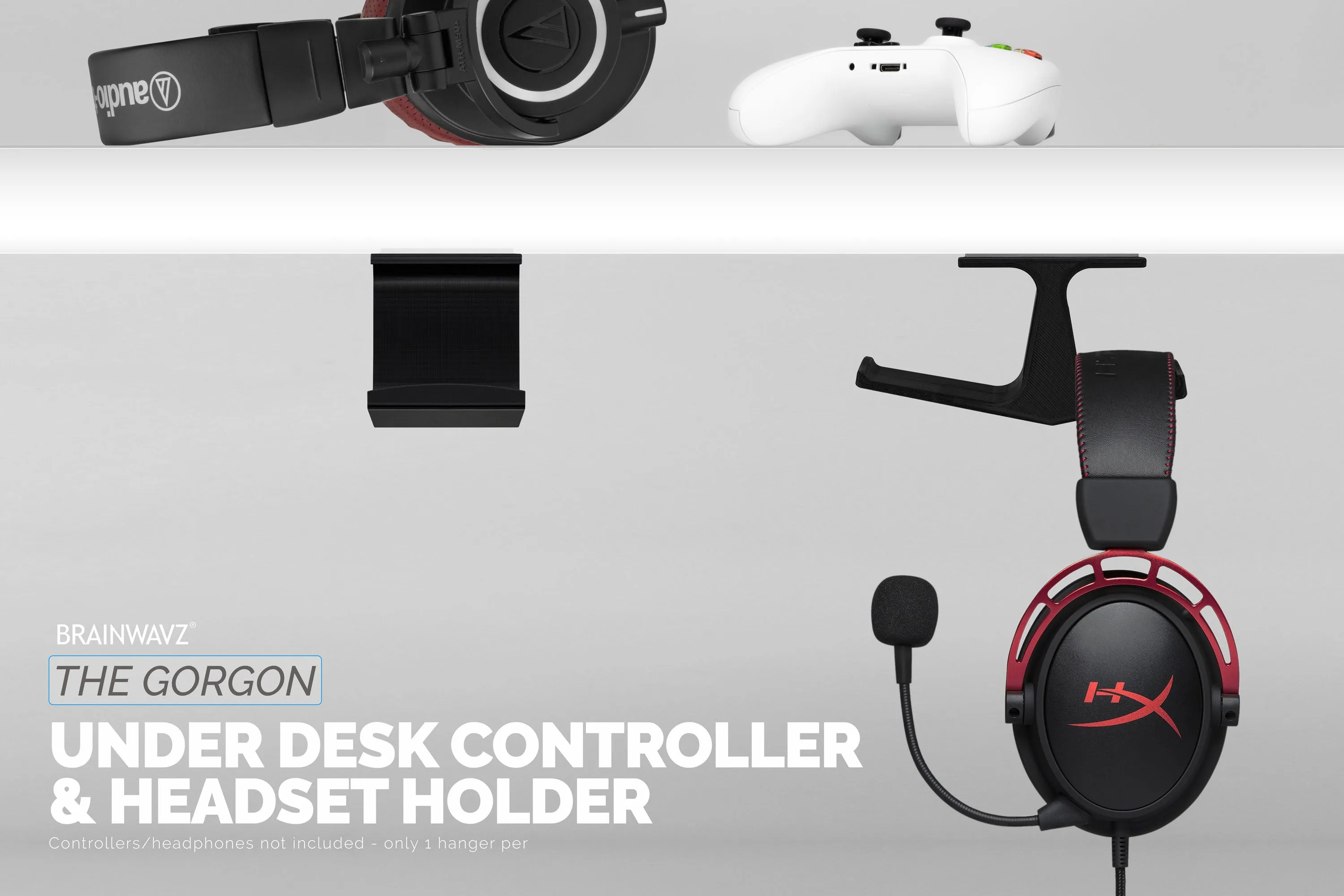 The Gorgon - Under Desk Headphone & Game Controller Hanger Mount - Suitable for Xbox, PS5/PS4, Universal Adhesive Mount, No Screws