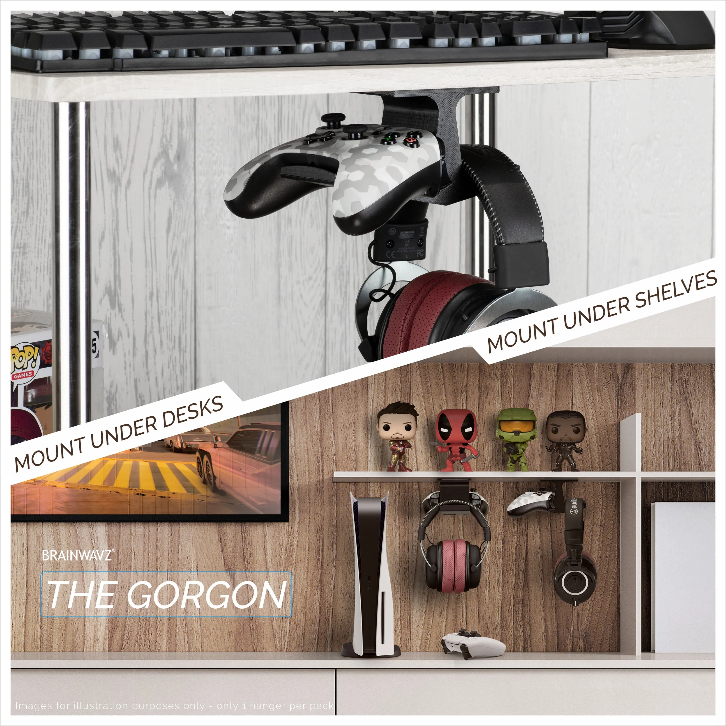 The Gorgon - Under Desk Headphone & Game Controller Hanger Mount - Suitable for Xbox, PS5/PS4, Universal Adhesive Mount, No Screws