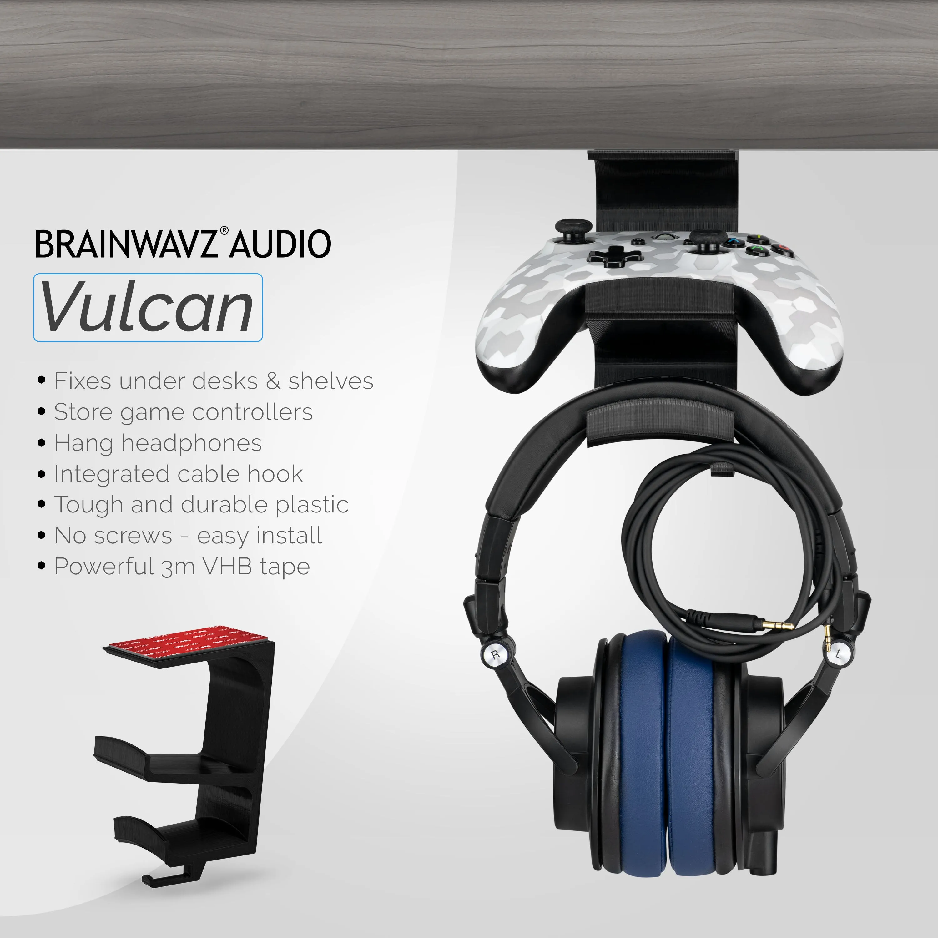 The Vulcan - Under Desk Controller & Headphone Hanger - Adhesive Mount, No Screws or Mess