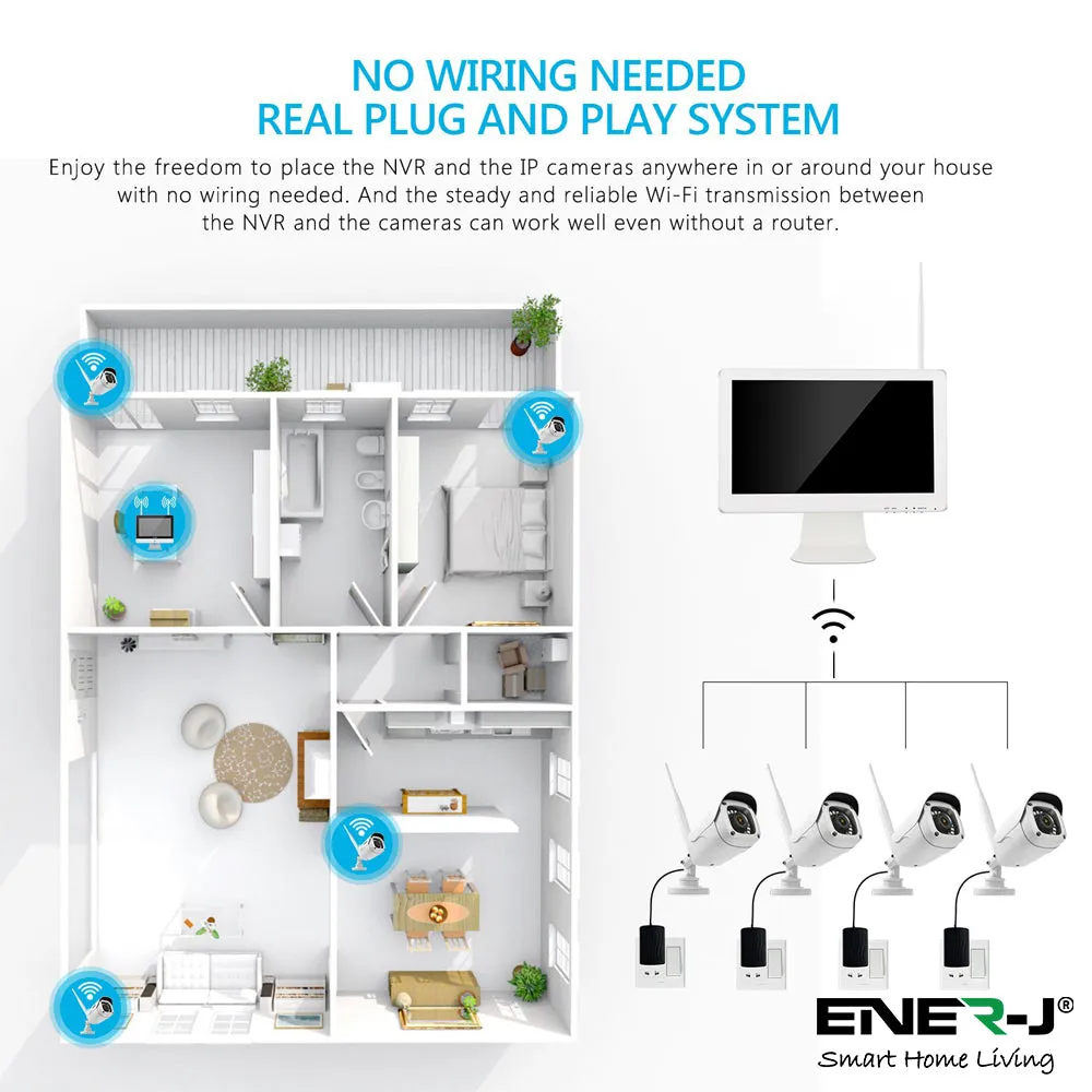 Wireless CCTV Kit with 8CH NVR, 15.6"LCD Monitor, 4 x IP65 HD Outdoor Cameras, 1TB HDD pre installed, APP monitoring