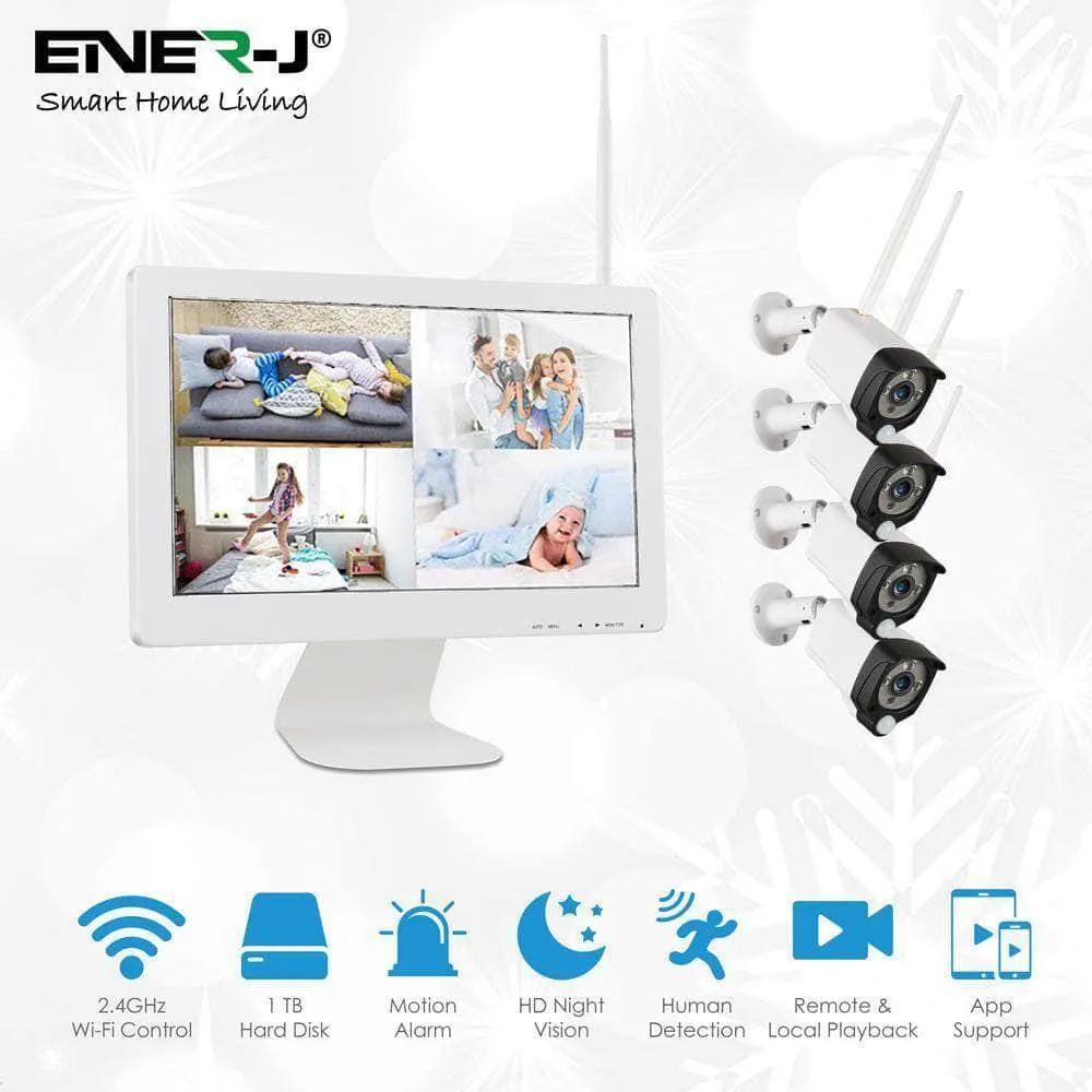 Wireless CCTV Kit with 8CH NVR, 15.6"LCD Monitor, 4 x IP65 HD Outdoor Cameras, 1TB HDD pre installed, APP monitoring